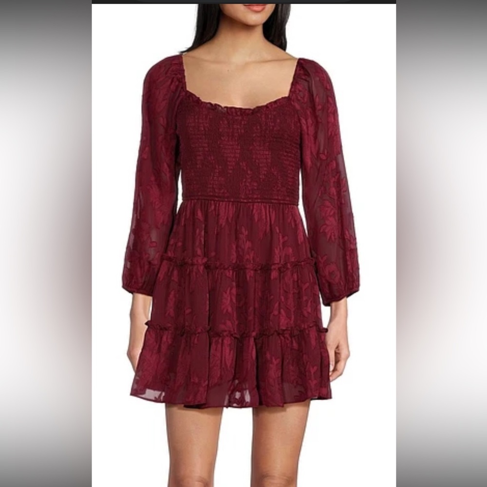 NEW B. DARLIN Jacquard 3/4 Sleeve Smocked Ruffle Wine Dress Women’s Size 0 NWT